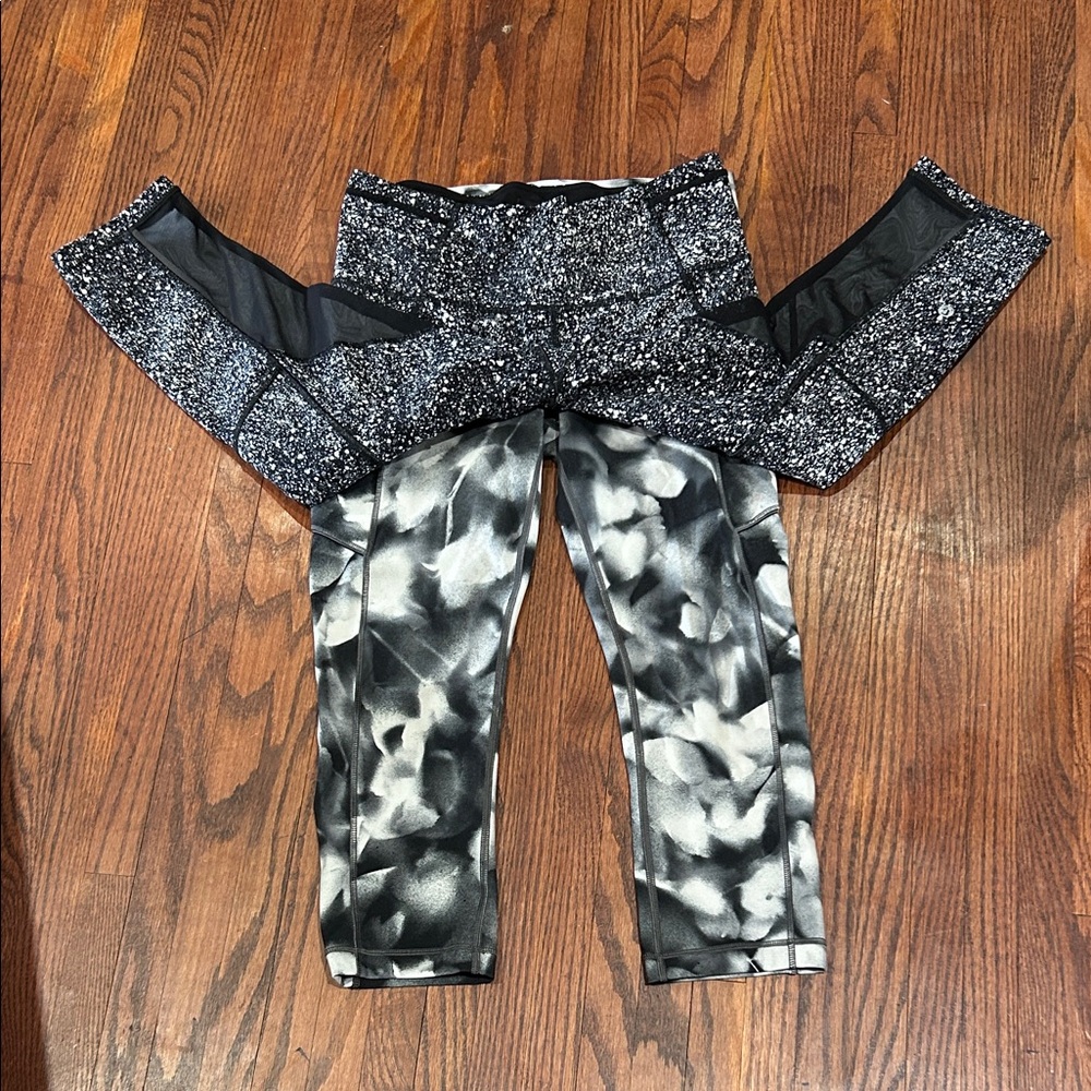 2 lululemon athletica Black & Gray Patterned Leggings with Mesh Panels size 6